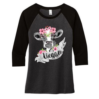 Vegan Funny Cow With Flower Headband Gift Women's Tri-Blend 3/4-Sleeve Raglan Shirt