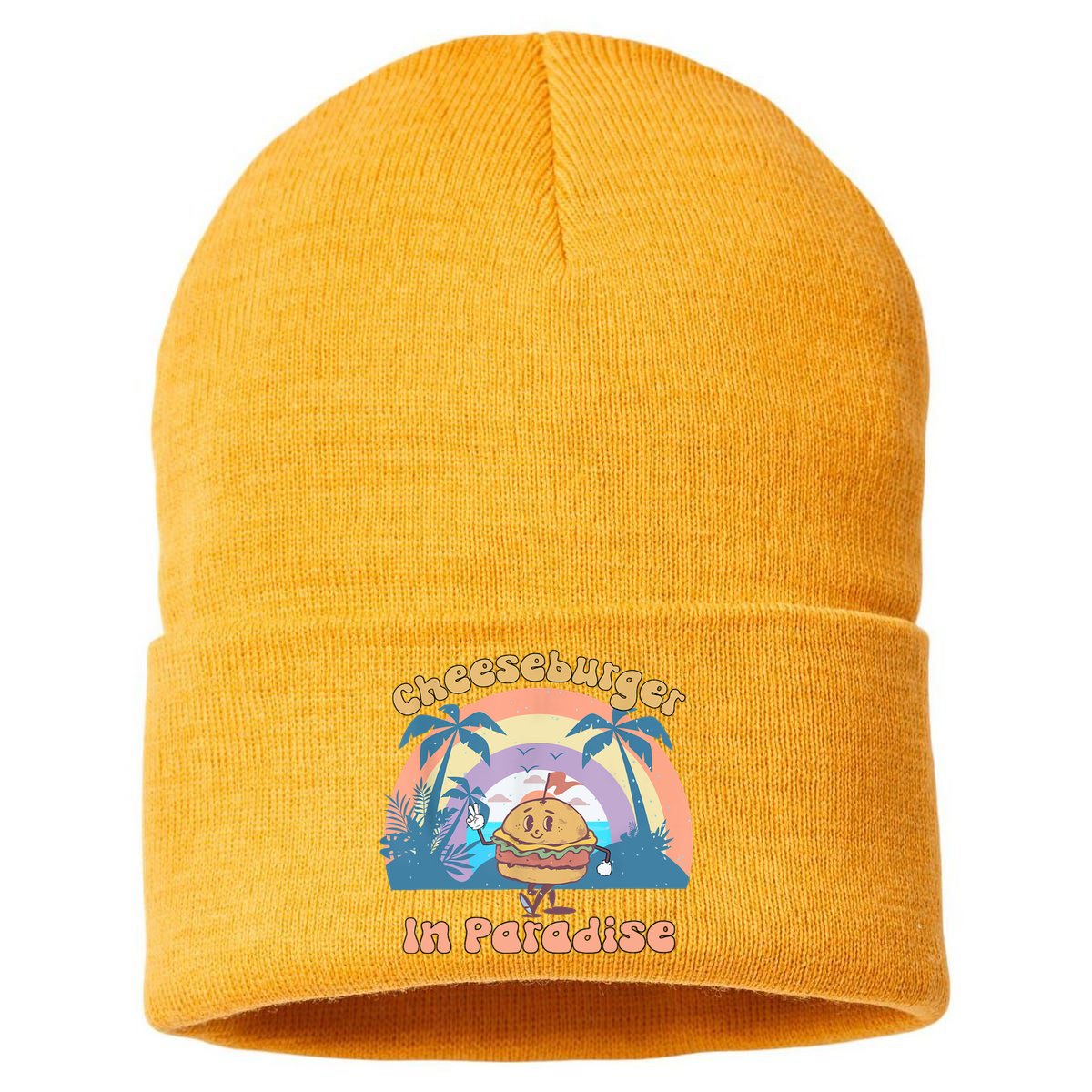 Vintage Funny Cheeseburger In Paradise Summer Vacation Vibe Sustainable Knit Beanie