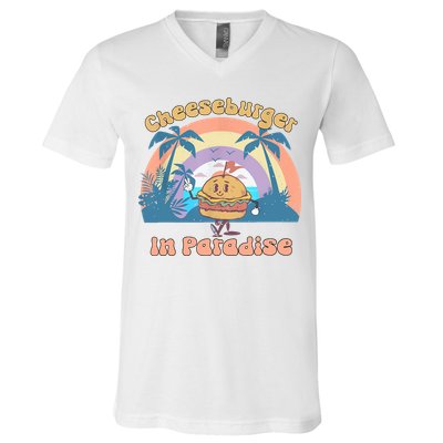 Vintage Funny Cheeseburger In Paradise Summer Vacation Vibe V-Neck T-Shirt