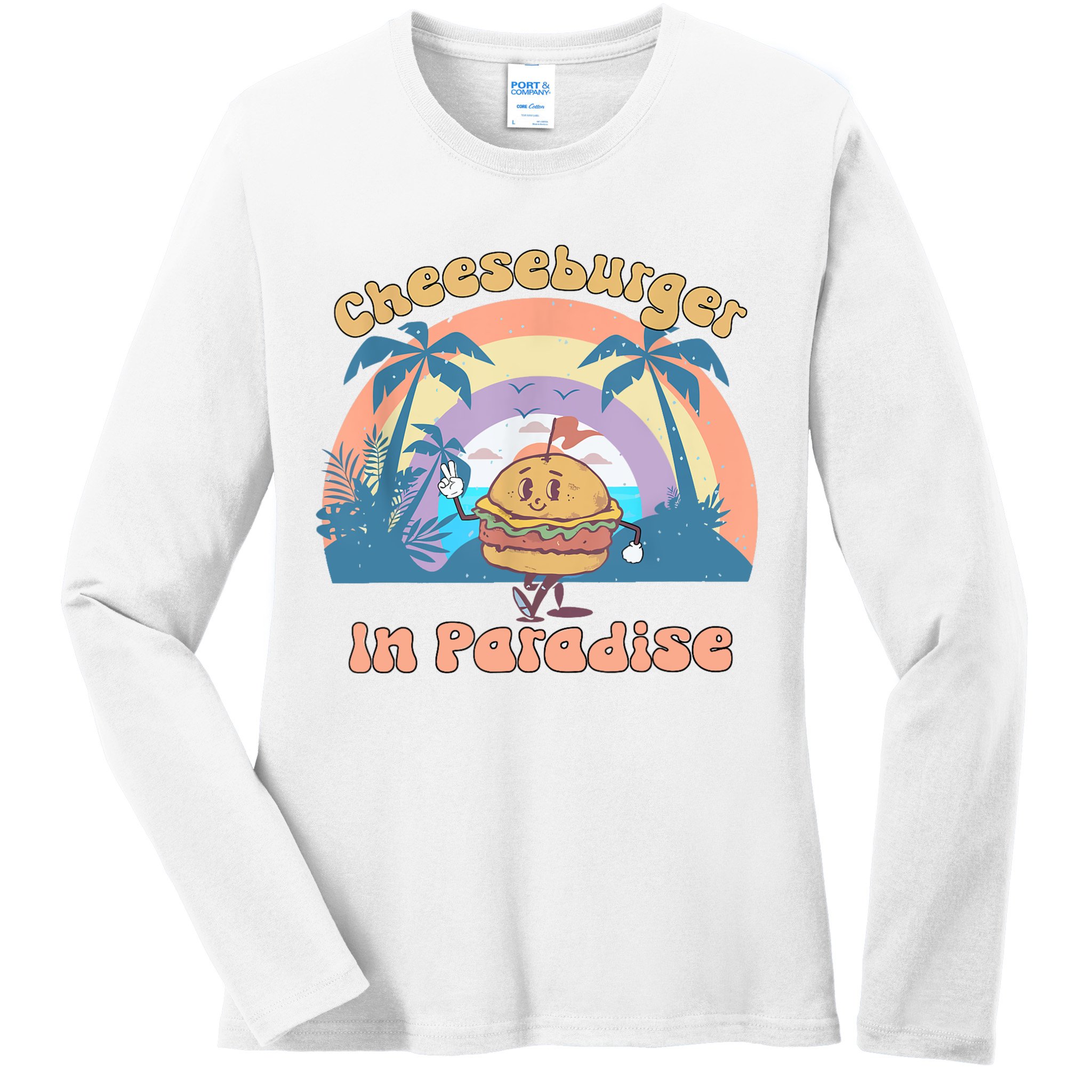 Vintage Funny Cheeseburger In Paradise Summer Vacation Vibe Ladies Long Sleeve Shirt