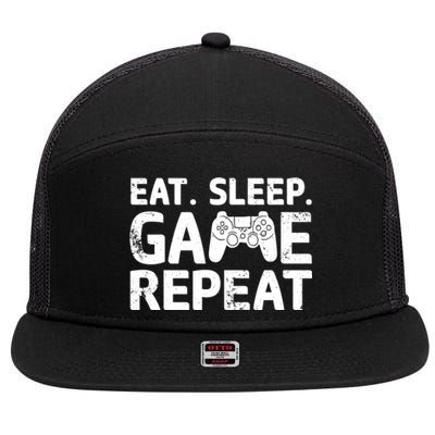 Vintage Funny Eat Sleep Game Repeat Gaming Gift 7 Panel Mesh Trucker Snapback Hat