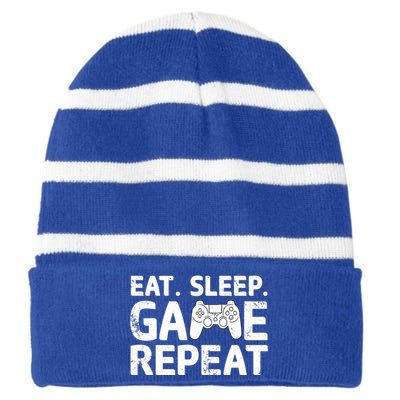 Vintage Funny Eat Sleep Game Repeat Gaming Gift Striped Beanie with Solid Band