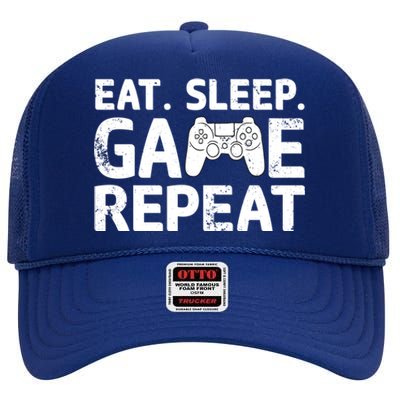 Vintage Funny Eat Sleep Game Repeat Gaming Gift High Crown Mesh Back Trucker Hat