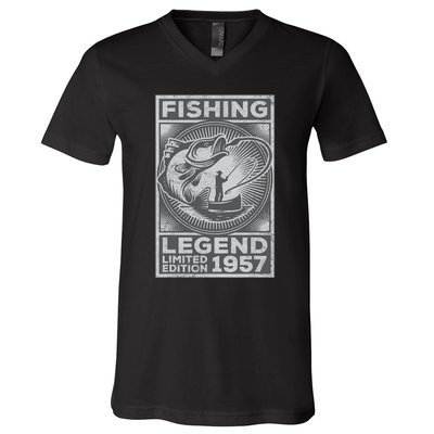 Vintage Fish Fisherman Bass Fishing Legend 1957 Birthday V-Neck T-Shirt