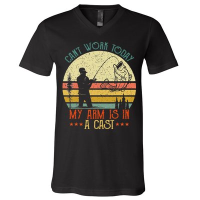 Vintage Funny Fishing Can't Work Today My Arm Is In A Cast V-Neck T-Shirt