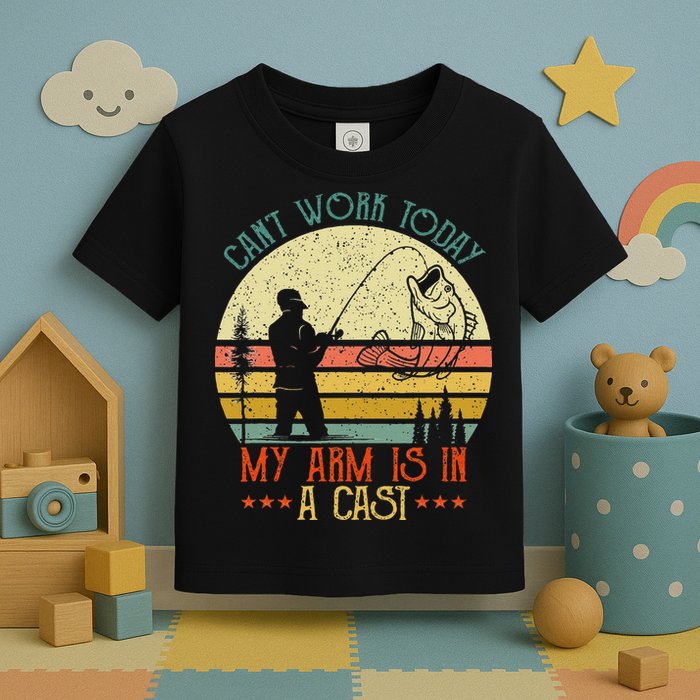Vintage Funny Fishing Can't Work Today My Arm Is In A Cast Toddler T-Shirt