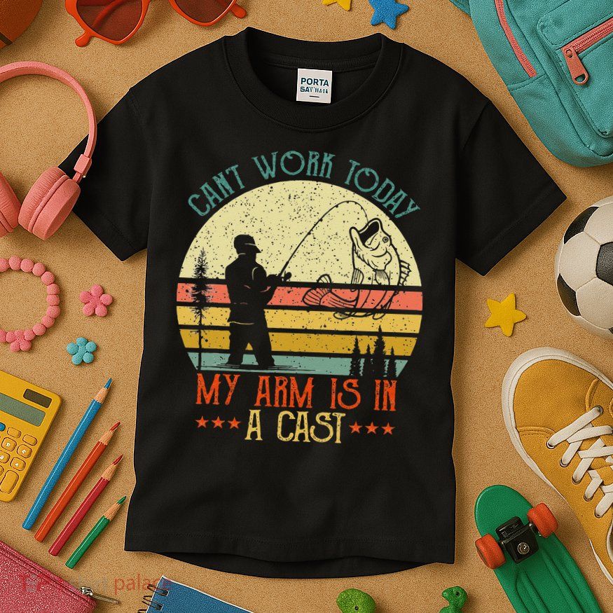 Vintage Funny Fishing Can't Work Today My Arm Is In A Cast Kids T-Shirt