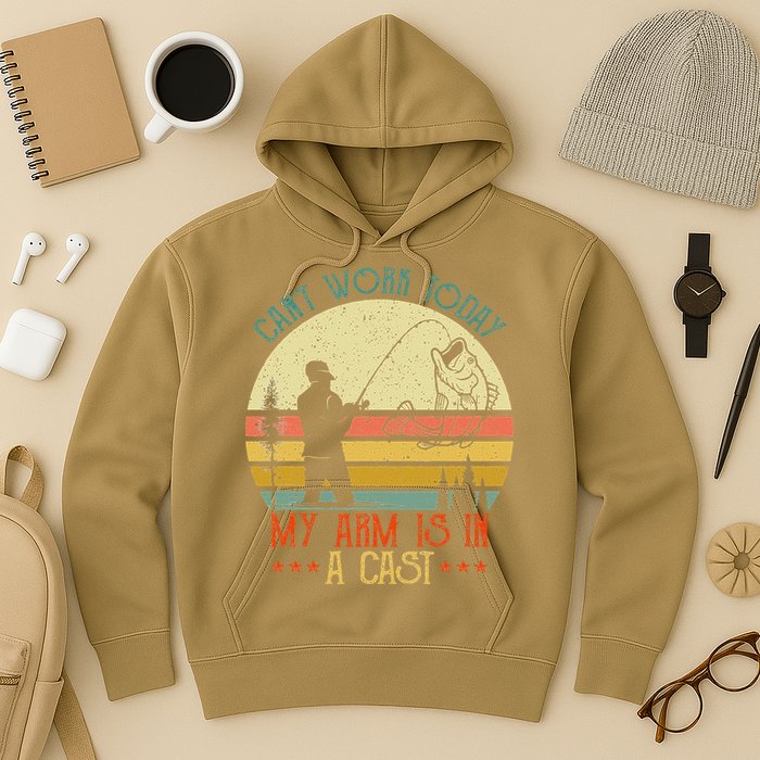 Vintage Funny Fishing Can't Work Today My Arm Is In A Cast Hoodie