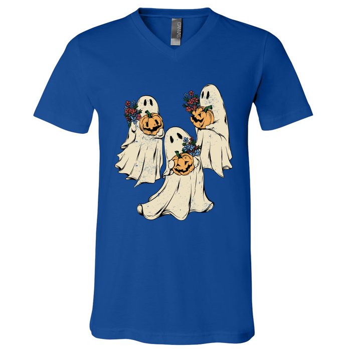 Vintage Floral Ghost Cute Halloween Costume Funny Graphic Funny Gift V-Neck T-Shirt