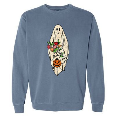 Vintage Floral Ghost Cute Halloween Costume Funny Graphic Garment-Dyed Sweatshirt