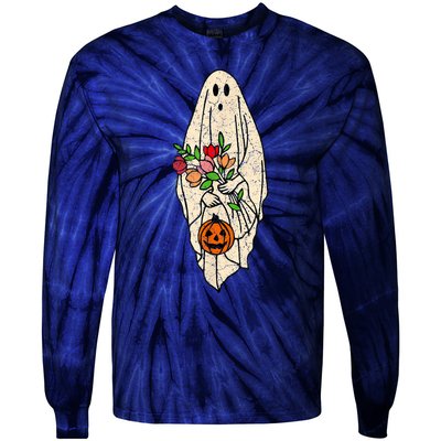 Vintage Floral Ghost Cute Halloween Costume Funny Graphic Tie-Dye Long Sleeve Shirt