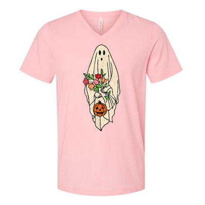 Vintage Floral Ghost Cute Halloween Costume Funny Graphic V-Neck T-Shirt