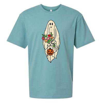 Vintage Floral Ghost Cute Halloween Costume Funny Graphic Sueded Cloud Jersey T-Shirt