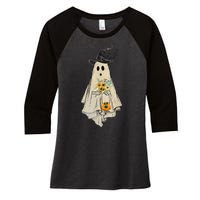 Vintage Floral Ghost Pumpkin Funny Graphic Halloween Gifts Women's Tri-Blend 3/4-Sleeve Raglan Shirt