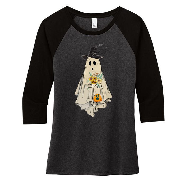 Vintage Floral Ghost Pumpkin Funny Graphic Halloween Gifts Women's Tri-Blend 3/4-Sleeve Raglan Shirt