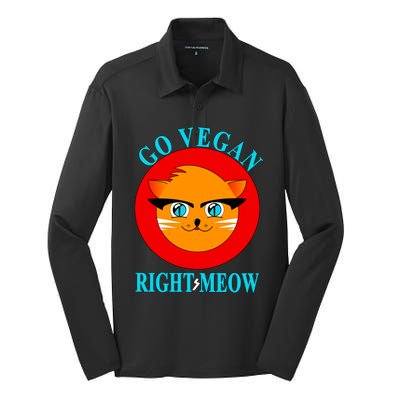 Vegan Funny Gift Cat Lover Go Vegan Right Meow Gift Silk Touch Performance Long Sleeve Polo