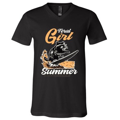 Vintage Feral Girl Summer Racoon V-Neck T-Shirt