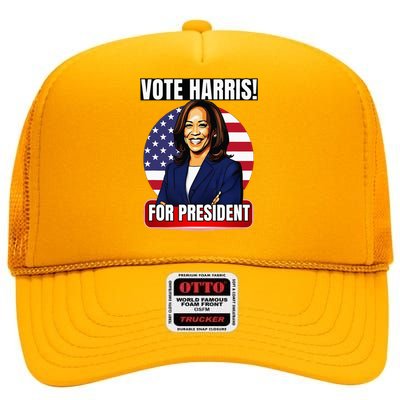 Vote For Harris 2024 Kamala Harris For President Election High Crown Mesh Back Trucker Hat