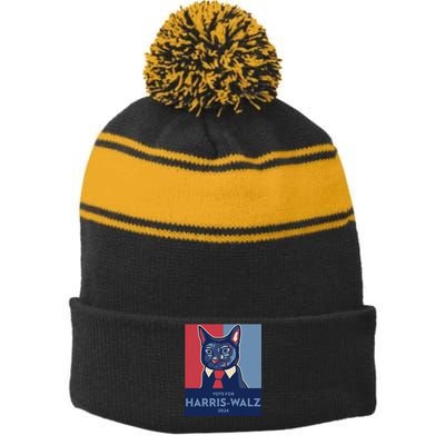 Vote For Harris Waltz 2024 Election Funny Cat Stripe Pom Pom Beanie