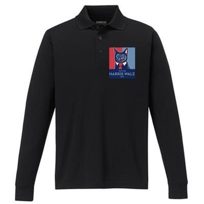 Vote For Harris Waltz 2024 Election Funny Cat Performance Long Sleeve Polo