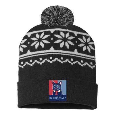 Vote For Harris Waltz 2024 Election Funny Cat USA-Made Snowflake Beanie