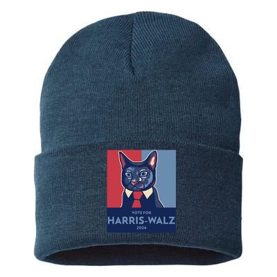 Vote For Harris Waltz 2024 Election Funny Cat Sustainable Knit Beanie