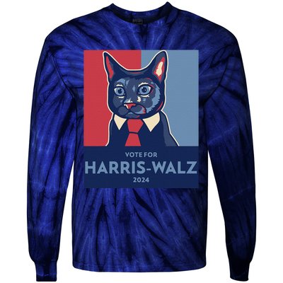 Vote For Harris Waltz 2024 Election Funny Cat Tie-Dye Long Sleeve Shirt