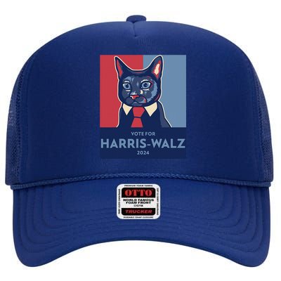 Vote For Harris Waltz 2024 Election Funny Cat High Crown Mesh Back Trucker Hat