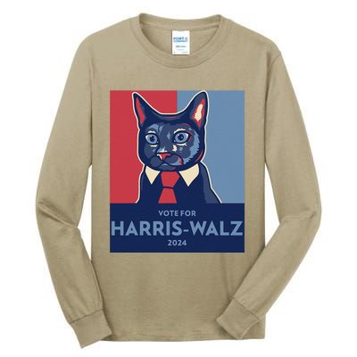 Vote For Harris Waltz 2024 Election Funny Cat Tall Long Sleeve T-Shirt