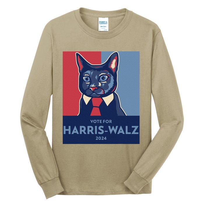 Vote For Harris Waltz 2024 Election Funny Cat Tall Long Sleeve T-Shirt