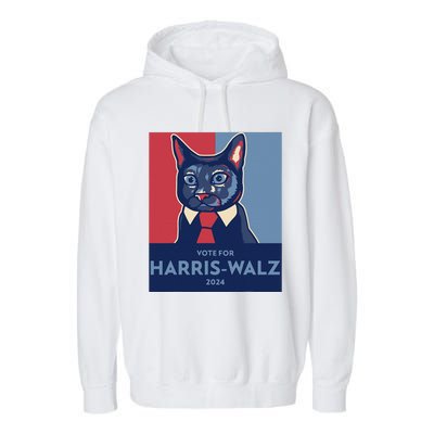 Vote For Harris Waltz 2024 Election Funny Cat Garment-Dyed Fleece Hoodie