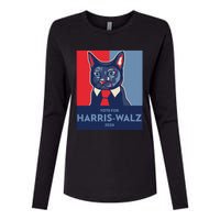 Vote For Harris Waltz 2024 Election Funny Cat Womens Cotton Relaxed Long Sleeve T-Shirt