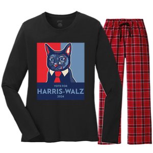 Vote For Harris Waltz 2024 Election Funny Cat Women's Long Sleeve Flannel Pajama Set 