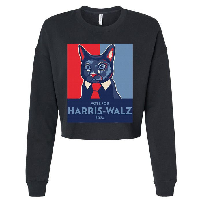 Vote For Harris Waltz 2024 Election Funny Cat Cropped Pullover Crew