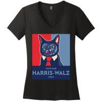 Vote For Harris Waltz 2024 Election Funny Cat Women's V-Neck T-Shirt