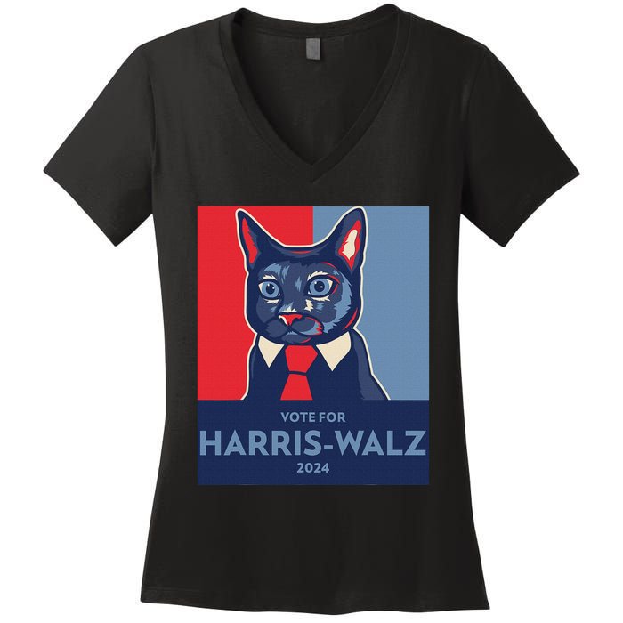 Vote For Harris Waltz 2024 Election Funny Cat Women's V-Neck T-Shirt