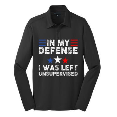 vintage Funny In My Defense I Was Left Unsupervised Silk Touch Performance Long Sleeve Polo