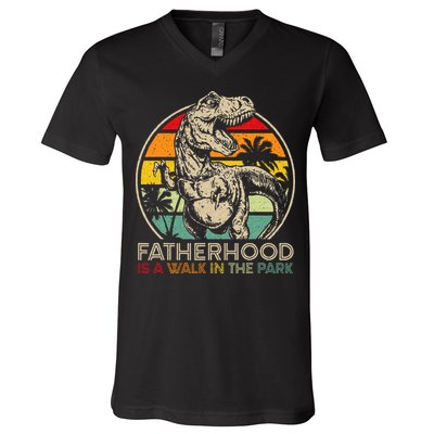 Vintage Fatherhood Is A Walk In The Park Dad T Rex Dinosaur V-Neck T-Shirt