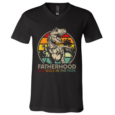 Vintage Fatherhood Is A Walk In The Park Dad T Rex Dinosaur V-Neck T-Shirt