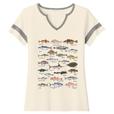 Vintage Fish Identification Chart Fishing Ladies Halftime Notch Neck Tee