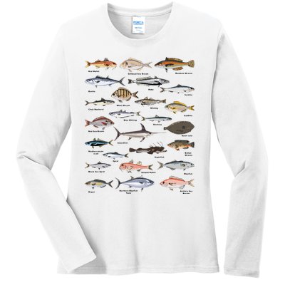 Vintage Fish Identification Chart Fishing Ladies Long Sleeve Shirt