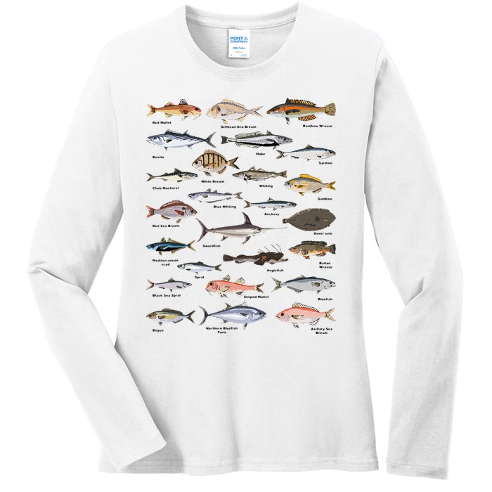 Vintage Fish Identification Chart Fishing Ladies Long Sleeve Shirt