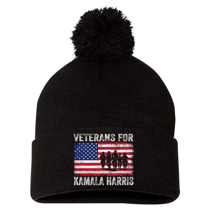 Veterans For Kamala Harris 2024 Election Usa Flag Military Pom Pom 12in Knit Beanie