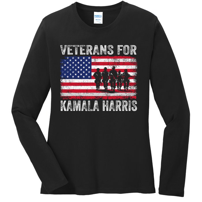 Veterans For Kamala Harris 2024 Election Usa Flag Military Ladies Long Sleeve Shirt