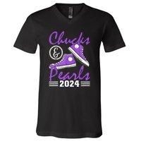 Voting For Kamala Harris Usa Election Chucks And Pearls 2024 Gift V-Neck T-Shirt