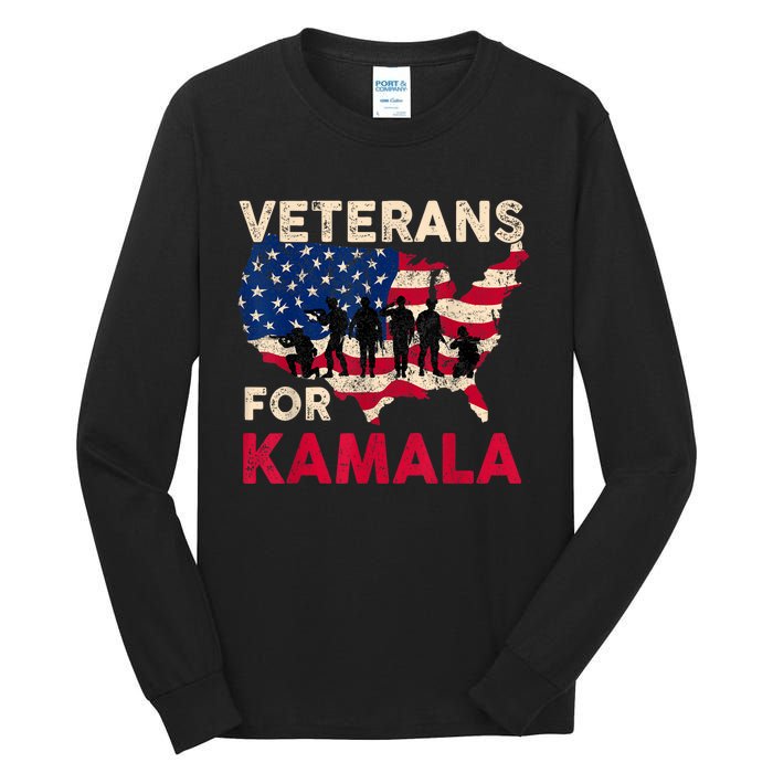 Veterans For Kamala American Flag Army Support Kamala Harris Tall Long Sleeve T-Shirt