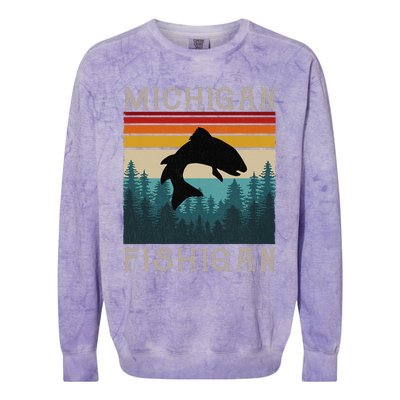 Vintage Fishing Michigan Pun Michigan Fishigan Colorblast Crewneck Sweatshirt