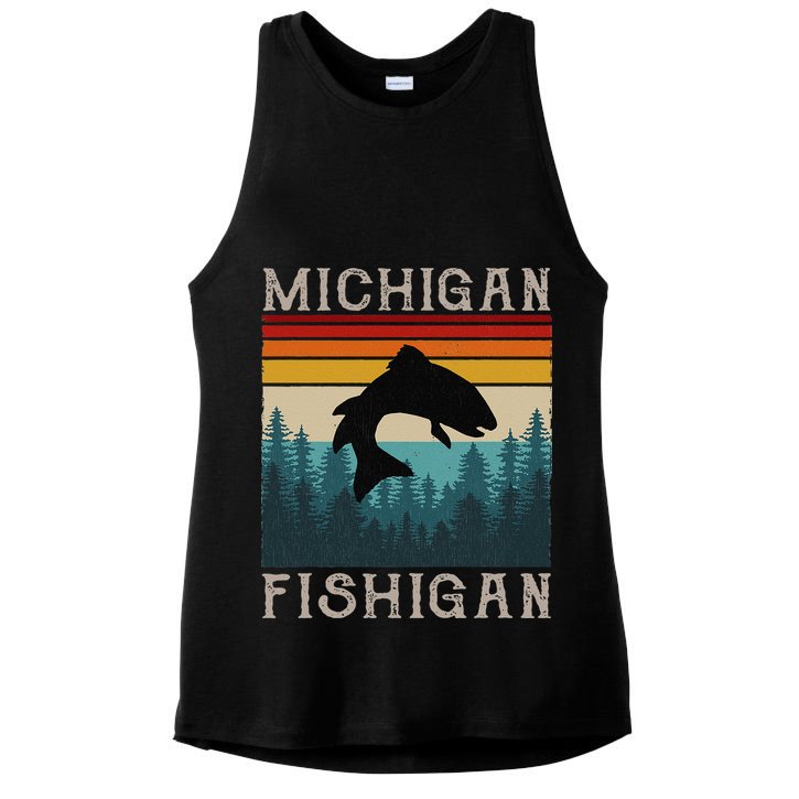 Vintage Fishing Michigan Pun Michigan Fishigan Ladies PosiCharge Tri-Blend Wicking Tank