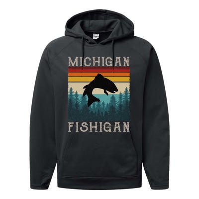 Vintage Fishing Michigan Pun Michigan Fishigan Performance Fleece Hoodie