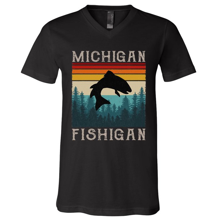 Vintage Fishing Michigan Pun Michigan Fishigan V-Neck T-Shirt